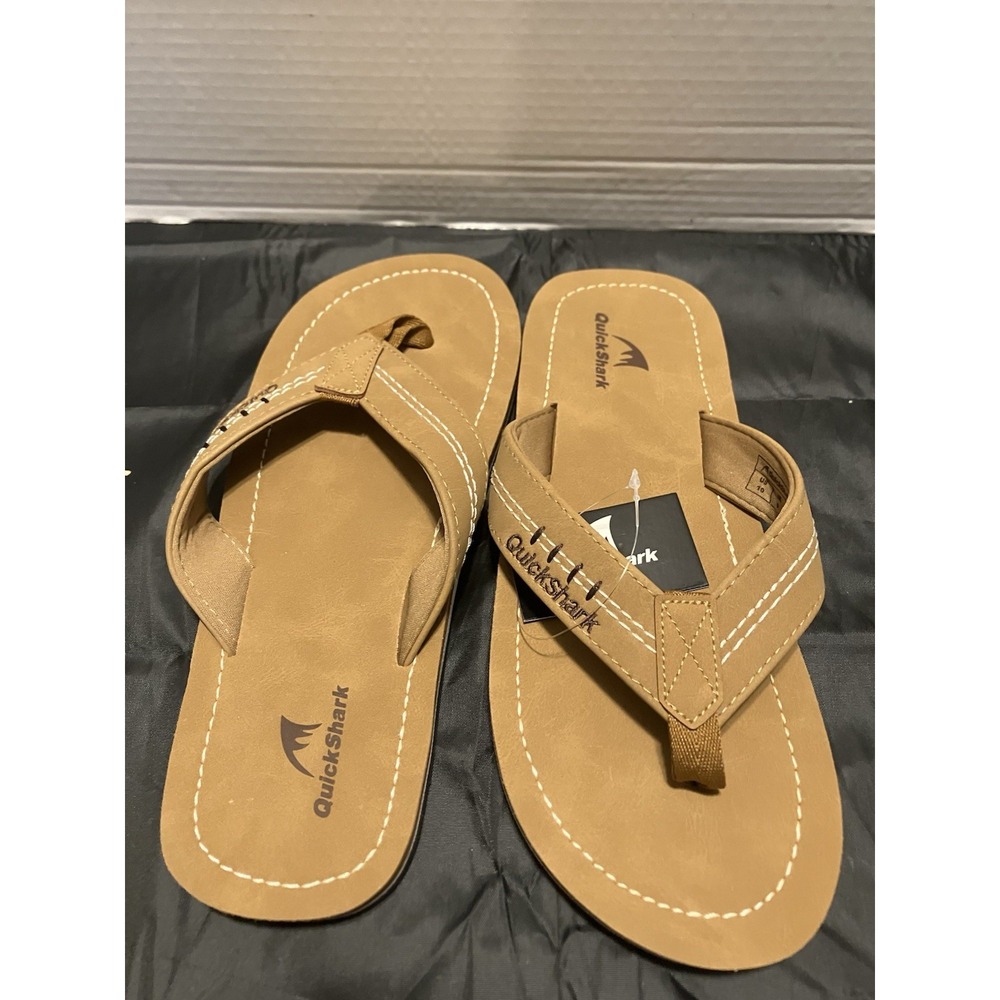 Quickshark Mens Flip Flops Thong Leather Sandals Lightweight Beach 10 Khaki